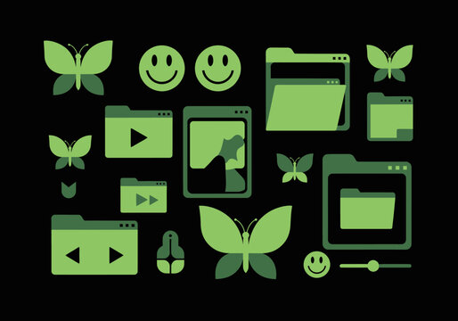 Retro Y2K Aesthetic Green Icon Set with Butterflies, Folders, and Smiley Faces on Black Background