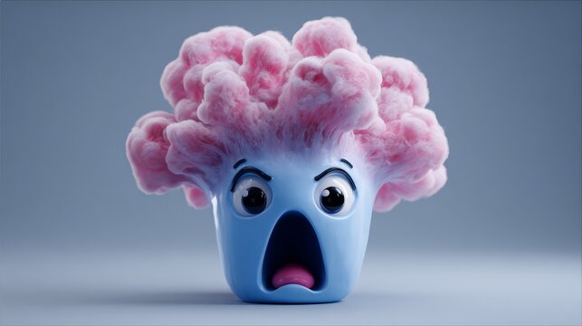 22.Exploding head emoji with exaggerated facial expression, brain blast visualized as cloud burst, smooth shading, modern 3D vector icon design