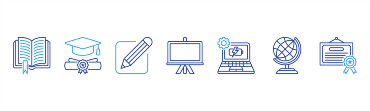 Education icons featuring Book, Graduation Cap, Pencil, Blackboard, Laptop, Globe, and Certificate for learning themes.