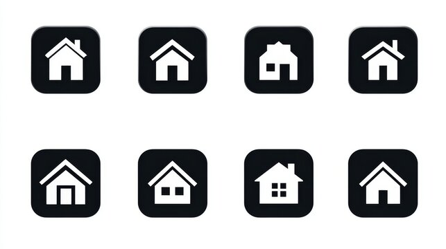 80.Vector icon set of home buttons featuring simple house silhouettes, clean lines, consistent stroke width, minimal flat design, isolated on white background