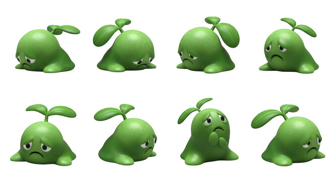 green plant creatures expressing sadness on a white backdrop emotions in educational materials