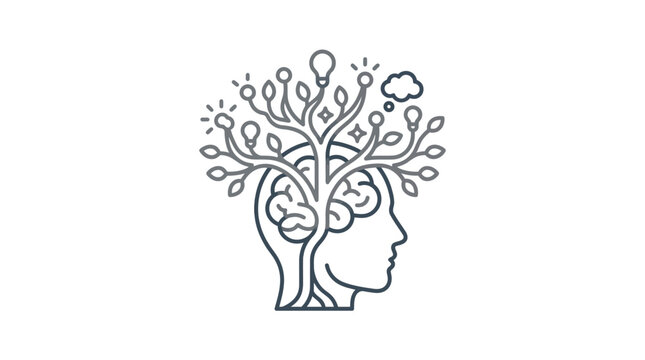 Human head with tree growing from brain and icons.