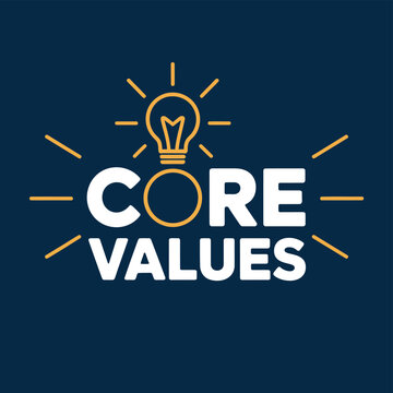 A graphic illustration of core values with a lightbulb on a dark blue background