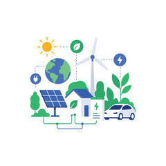Eco Friendly Home with Solar Panels and Electric Car Vector Illustration © Jahanara.Stock Free