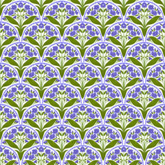 Art Deco Style Seamless Pattern with Blue Alkanet Flowers and Green Leaves in Fish Scale Tiles Illustration © Aziz