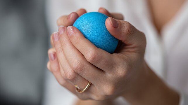 56.Close-up photograph of a woman&acirc;&euro;&trade;s hand tightly squeezing an anti-stress ball, visible tension in fingers, beauty salon setting, emotional discomfort concept