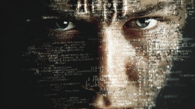 27.Programmer portrait where coding symbols and interface icons merge into tense facial features, visual metaphor for overload and mental strain