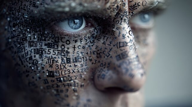 27.Programmer portrait where coding symbols and interface icons merge into tense facial features, visual metaphor for overload and mental strain
