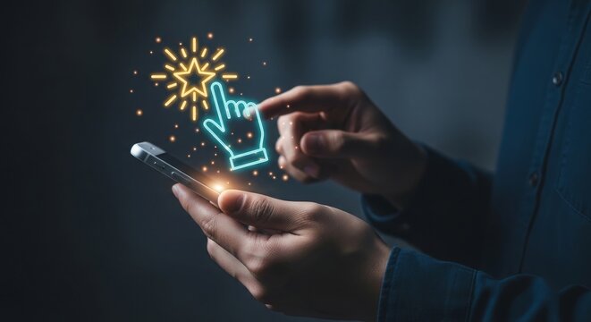Hands holding smartphone with glowing cursor and starburst