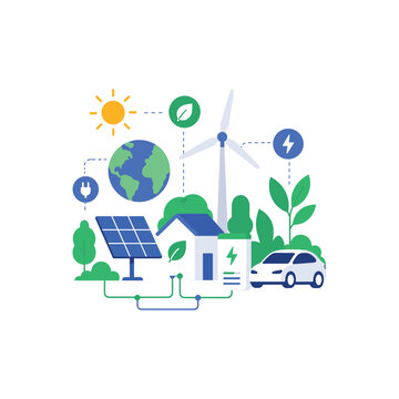 Eco Friendly Home with Solar Panels and Electric Car Vector Illustration