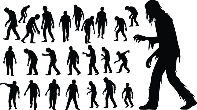 Spooky Halloween Zombie Apocalypse Horde Vector Silhouette Matrix, Modern Pop-Culture Horror Undead Emblem Bundle, Shuffling Monster Graphic Set, vector, illustration, silhouette.