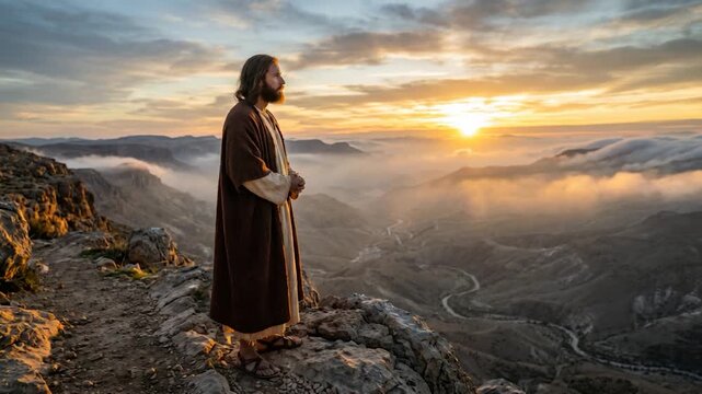 Jesus christ standing on a mountain edge looking at a sunrise over a canyon