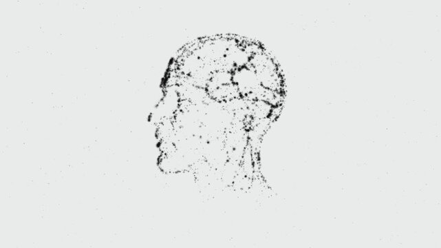 abstract human head profile silhouette and brain network forming from particles with disintegration effect on white background for artificial intelligence technology digital healthcare motion graphics