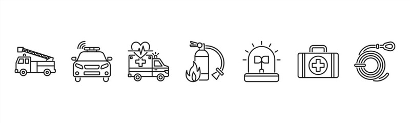 Emergency services icons featuring Fire Truck, Police Car, Ambulance, Fire Extinguisher, Siren, First Aid Kit, Rescue Rope. © Dewi Sari
