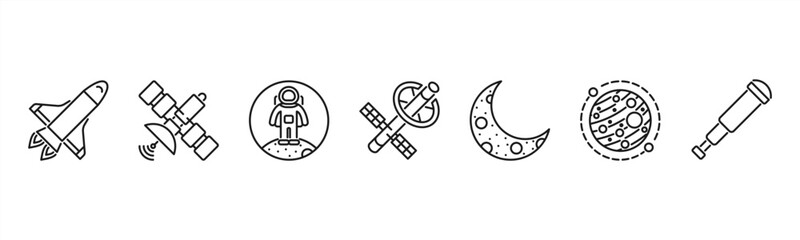 Space exploration icons featuring Space Shuttle, Satellite, Astronaut, Space Station, Moon, Mars, Telescope. © Dewi Sari