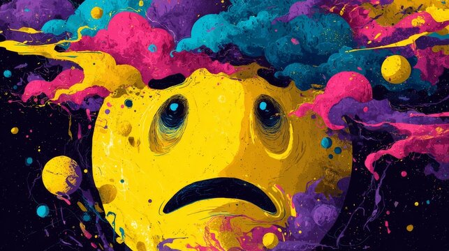 21.Mind blown emoticon illustration featuring sad surprised yellow face, top of head exploding with abstract cloud and particles, bold colors and playful 3D look