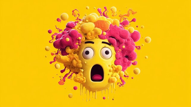 21.Mind blown emoticon illustration featuring sad surprised yellow face, top of head exploding with abstract cloud and particles, bold colors and playful 3D look