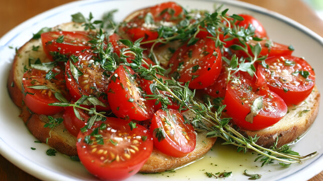 Fresh bruschetta with sliced cherry tomatoes and green thyme herbs on toasted bread, bruschetta
