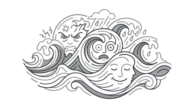 Abstract line art of human faces merging with ocean waves.