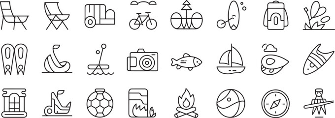 Naklejka premium Icons Set of Outdoor Camping and Travel Items with Tent, Chair, Suitcase, Backpack, Campfire and Sailboat