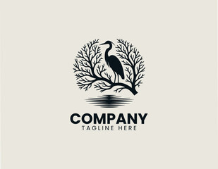 Obraz premium Heron Bird Tree Silhouette Minimalist Black Vector Logo Nature Wildlife Desig