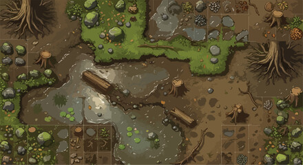 Fototapeta premium Top down forest swamp game map, fantasy rpg battlemap with muddy water and mossy rocks, wilderness environment level design vector