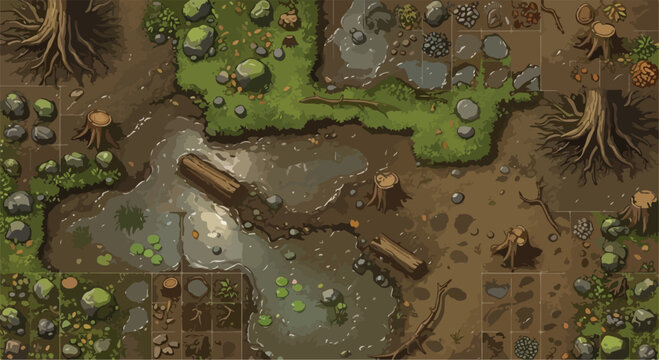 Top down forest swamp game map, fantasy rpg battlemap with muddy water and mossy rocks, wilderness environment level design vector