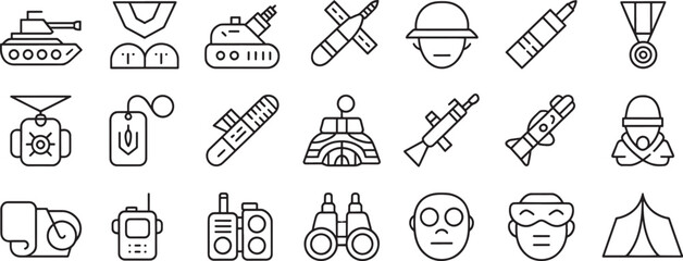 Military Equipment Icons Set with Tank, Mortar, Helmet, Rifles and Field Communication Radios in Clean Outline Style © design png