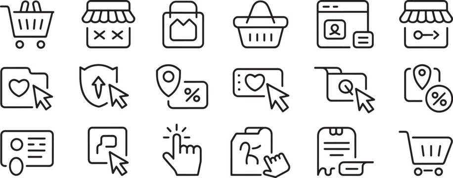 Shopping Cart, Storefront, and Digital Delivery Icons Set with Outline Style for Commerce and E-Commerce Navigation