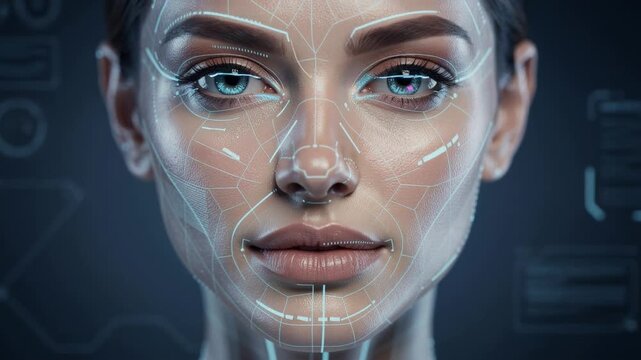 Close up of a futuristic woman face with facial recognition technology and digital interface overlay