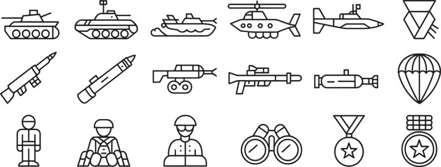 Tactical Military Vehicles and Soldier Icons Set with Tanks, Submarines, Rockets, Aircraft, and Medals in Outline Style © design png