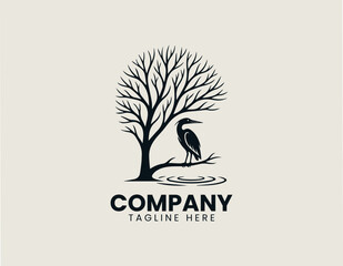 Obraz premium Heron Bird Tree Silhouette Minimalist Black Vector Logo Nature Wildlife Desig