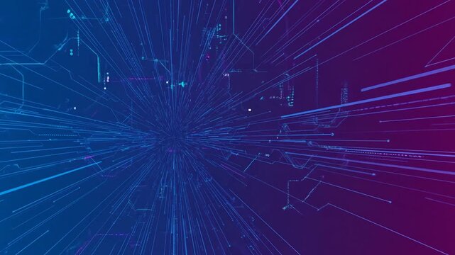 Abstract blue and purple neon light streaks radiating from a central point.