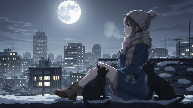 Young woman sitting on snowy rooftop at night with black cats and full moon over city skyline