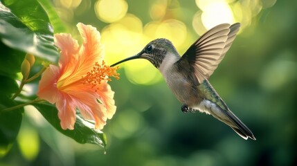 Fototapeta premium close up of hummingbird feeding from tropical flower, generative ai