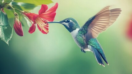 Fototapeta premium close up of hummingbird feeding from tropical flower, generative ai