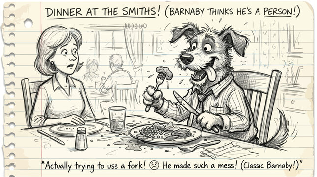 Vintage cartoon sketch of a dog eating dinner at a table, humorous hand-drawn illustration on lined paper, funny anthropomorphic pet scene