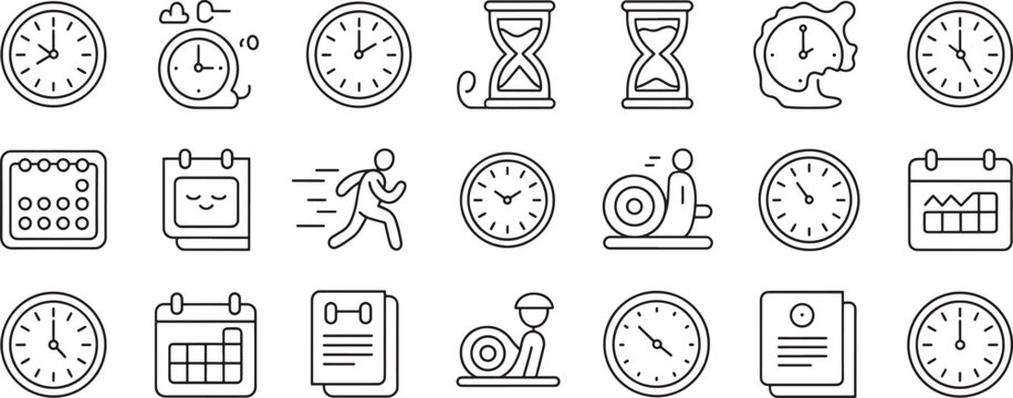 Clocks, Alarms, and Time Management Icons Set with Line Art Watch Faces, Calendars, and Hourglass Symbols