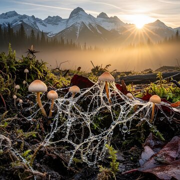 Fragile mushrooms and dew covered spider web in sunny mountain forest.