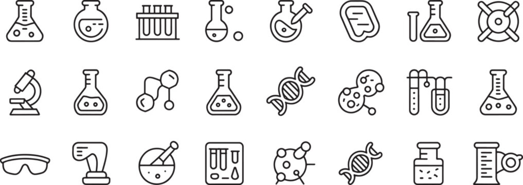 Science Lab Equipment Icons Set with Beakers, Test Tubes, Microscope, Flasks, Pipette and Dna Symbols Drawn in Outline