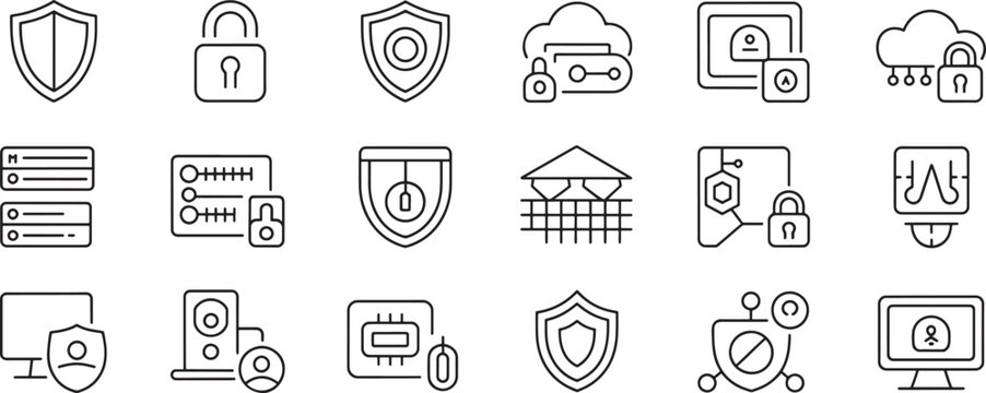 Cybersecurity Icons Traced Line Set Featuring Shields, Locks, Firewalls, and Secure Access Symbols for Protection Concepts
