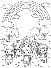 Fototapeta premium Cheerful cartoon children hiking under colorful rainbow scene.