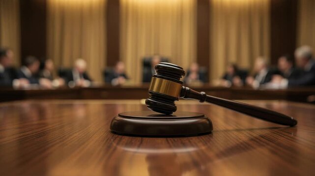 Wooden judge gavel on polished table in courtroom with blurred legal professionals in background