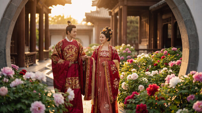 Elegant couple in exquisite traditional Chinese attire strolls through a blooming peony garden, capturing a timeless pre-wedding moment filled with cultural grace and romantic joy
