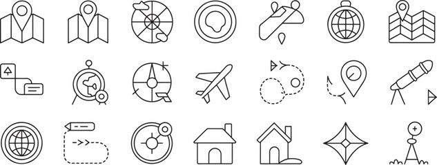 Fototapeta premium Location Map Pin, Globe, Navigation Compass, Airplane, Telescope, and House Icons Set for Travel and Direction