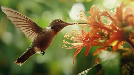 Fototapeta premium close up of hummingbird feeding from tropical flower, generative ai