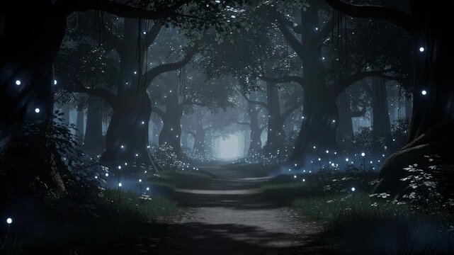 Mystical enchanted forest path glowing with magical lights under dark ancient trees at night