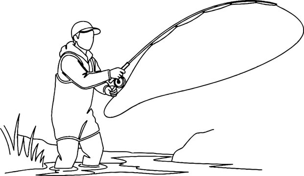 Angler fly fishing in calm river with focused technique.