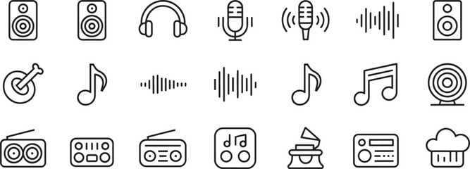 Naklejka premium Audio Sound Icons Set with Speakers Headphones Microphones Music Notes Equalizer and Radio Symbols in Black Outline