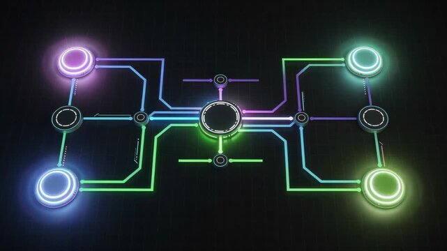 Futuristic neon glowing circuit board with interconnected nodes and digital network connections